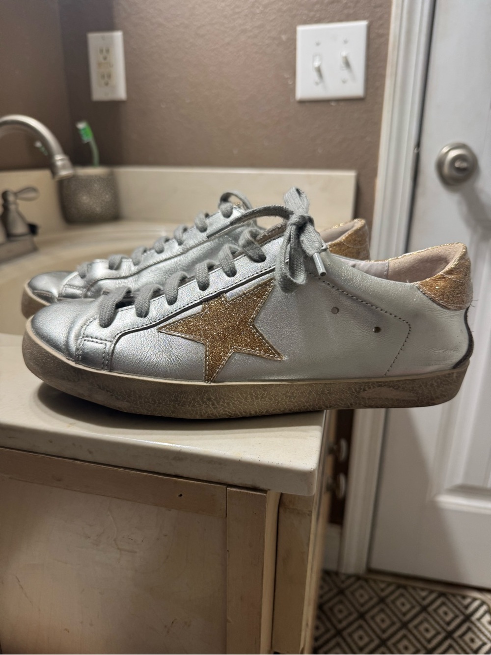 Golden Goose Silver Leather Sneakers with Gold Star